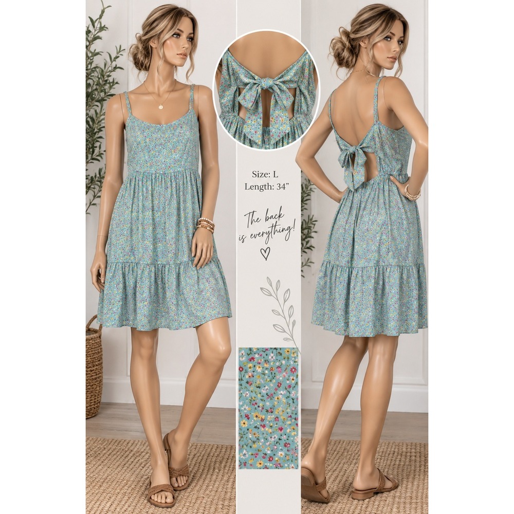 Altar'd State Blue Floral Tie Back Tiered Mini Dress Large E0460Y376JD